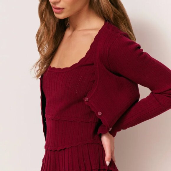 NWT LoveShackFancy Martti Stretch Pointelle Cardigan Small Top Spiced Berry Wine - Picture 4 of 10